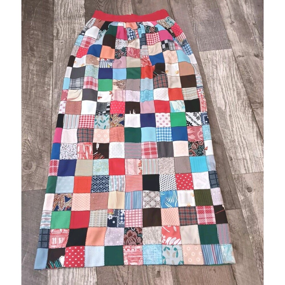 Vintage Handmade Granny Quilt Square Maxi Skirt Cottage Core Boho 29"Waist Sz M